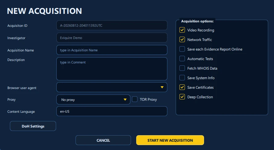 Eviquire acquisition settings showing session recording, network traffic, certificate, and deep-collection options.